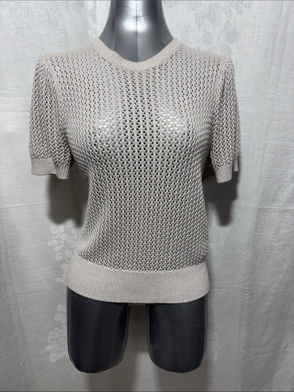 Muse Short Sleeve Open-Knit Crewneck Sweater in Light Taupe